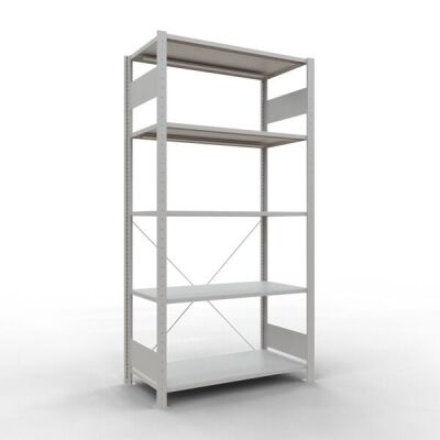 Grundregal, Fachbodenregal Stecksystem MULTIplus150, 2000 x 1000 x 500 mm (HxBxT), 5 Fachböden, Kreuzstrebe, RAL 7035 lichtgrau