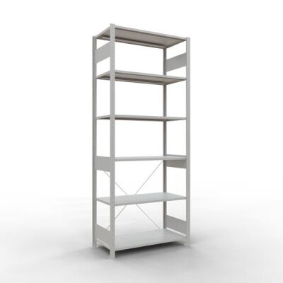 Grundregal, Fachbodenregal Stecksystem MULTIplus150, 2500 x 1000 x 500 mm (HxBxT), 6 Fachböden, Kreuzstrebe, RAL 7035 lichtgrau