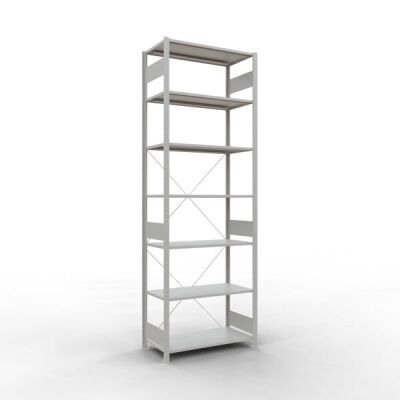 Grundregal, Fachbodenregal Stecksystem MULTIplus150, 3000 x 1000 x 500 mm (HxBxT), 7 Fachböden, Kreuzstrebe, RAL 7035 lichtgrau