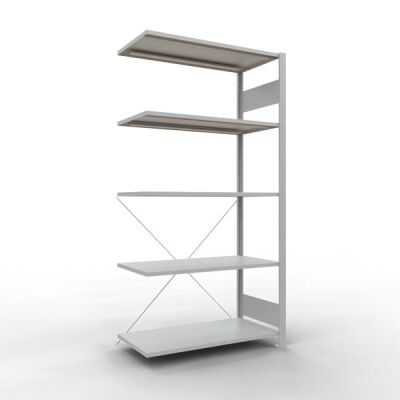 Anbauregal, Fachbodenregal Stecksystem MULTIplus150, 2000 x 1000 x 500 mm (HxBxT), 5 Fachböden, Kreuzstrebe, RAL 7035 lichtgrau