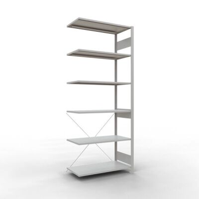 Anbauregal, Fachbodenregal Stecksystem MULTIplus150, 2500 x 1000 x 500 mm (HxBxT), 6 Fachböden, Kreuzstrebe, RAL 7035 lichtgrau