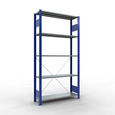 Grundregal, Fachbodenregal Stecksystem MULTIplus150, 2000 x 1000 x 300 mm (HxBxT), 5 Fachböden, Kreuzstrebe, RAL 5010/verzinkt