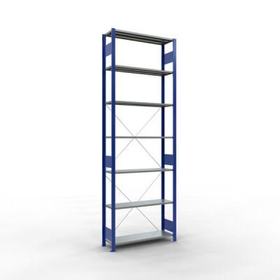 Grundregal, Fachbodenregal Stecksystem MULTIplus150, 3000 x 1000 x 300 mm (HxBxT), 7 Fachböden, Kreuzstrebe, RAL 5010/verzinkt