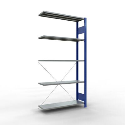 Anbauregal, Fachbodenregal Stecksystem MULTIplus150, 2000 x 1000 x 300 mm (HxBxT), 5 Fachböden, Kreuzstrebe, RAL 5010/verzinkt