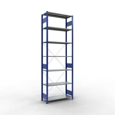 Grundregal, Fachbodenregal Stecksystem MULTIplus150, 3000 x 1000 x 400 mm (HxBxT), 7 Fachböden, Kreuzstrebe, RAL 5010/verzinkt