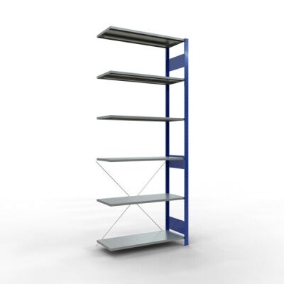 Anbauregal, Fachbodenregal Stecksystem MULTIplus150, 2500 x 1000 x 400 mm (HxBxT), 6 Fachböden, Kreuzstrebe, RAL 5010/verzinkt