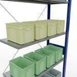 Anbauregal, Fachbodenregal Stecksystem MULTIplus150, 3000 x 1000 x 400 mm (HxBxT), 7 Fachböden, Kreuzstrebe, RAL 5010/verzinkt