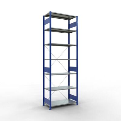 Grundregal, Fachbodenregal Stecksystem MULTIplus150, 3000 x 1000 x 500 mm (HxBxT), 7 Fachböden, Kreuzstrebe, RAL 5010/verzinkt