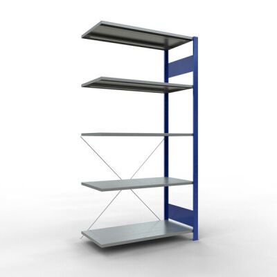 Anbauregal, Fachbodenregal Stecksystem MULTIplus150, 2000 x 1000 x 500 mm (HxBxT), 5 Fachböden, Kreuzstrebe, RAL 5010/verzinkt