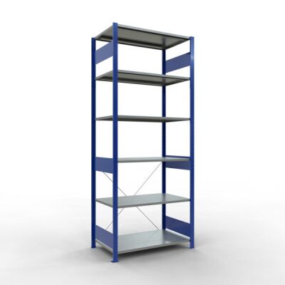 Grundregal, Fachbodenregal Stecksystem MULTIplus150, 2500 x 1000 x 600 mm (HxBxT), 6 Fachböden, Kreuzstrebe, RAL 5010/verzinkt