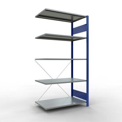 Anbauregal, Fachbodenregal Stecksystem MULTIplus150, 2000 x 1000 x 600 mm (HxBxT), 5 Fachböden, Kreuzstrebe, RAL 5010/verzinkt