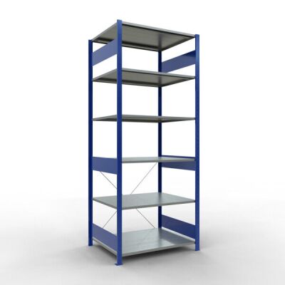Grundregal, Fachbodenregal Stecksystem MULTIplus150, 2500 x 1000 x 800 mm (HxBxT), 6 Fachböden, Kreuzstrebe, RAL 5010/verzinkt