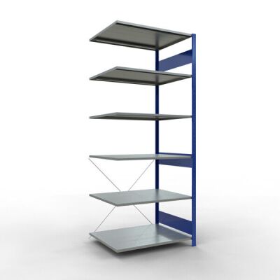 Anbauregal, Fachbodenregal Stecksystem MULTIplus150, 2500 x 1000 x 800 mm (HxBxT), 6 Fachböden, Kreuzstrebe, RAL 5010/verzinkt