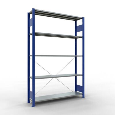 Grundregal, Fachbodenregal Stecksystem MULTIplus150, 2000 x 1300 x 300 mm (HxBxT), 5 Fachböden, Kreuzstrebe, RAL 5010 enzianblau/verzinkt