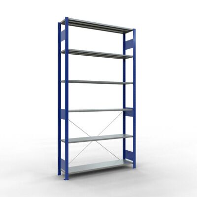 Grundregal, Fachbodenregal Stecksystem MULTIplus150, 2500 x 1300 x 300 mm (HxBxT), 6 Fachböden, Kreuzstrebe, RAL 5010 enzianblau/verzinkt