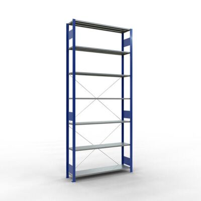 Grundregal, Fachbodenregal Stecksystem MULTIplus150, 3000 x 1300 x 300 mm (HxBxT), 7 Fachböden, Kreuzstrebe, RAL 5010 enzianblau/verzinkt