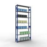 Grundregal, Fachbodenregal Stecksystem MULTIplus150, 3000 x 1300 x 300 mm (HxBxT), 7 Fachböden, Kreuzstrebe, RAL 5010 enzianblau/verzinkt