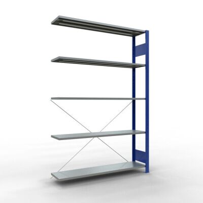 Anbauregal, Fachbodenregal Stecksystem MULTIplus150, 2000 x 1300 x 300 mm (HxBxT), 5 Fachböden, Kreuzstrebe, RAL 5010 enzianblau/verzinkt