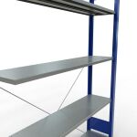 Anbauregal, Fachbodenregal Stecksystem MULTIplus150, 2000 x 1300 x 300 mm (HxBxT), 5 Fachböden, Kreuzstrebe, RAL 5010 enzianblau/verzinkt