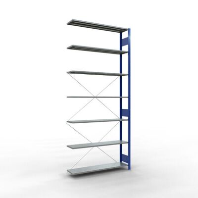 Anbauregal, Fachbodenregal Stecksystem MULTIplus150, 3000 x 1300 x 300 mm (HxBxT), 7 Fachböden, Kreuzstrebe, RAL 5010 enzianblau/verzinkt