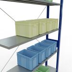 Anbauregal, Fachbodenregal Stecksystem MULTIplus150, 3000 x 1300 x 300 mm (HxBxT), 7 Fachböden, Kreuzstrebe, RAL 5010 enzianblau/verzinkt