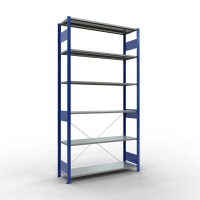 Grundregal, Fachbodenregal Stecksystem MULTIplus150, 2500 x 1300 x 400 mm (HxBxT), 6 Fachböden, Kreuzstrebe, RAL 5010 enzianblau/verzinkt