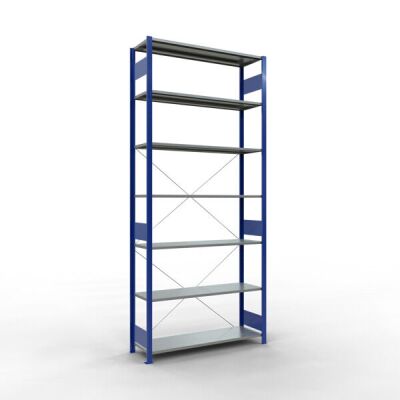 Grundregal, Fachbodenregal Stecksystem MULTIplus150, 3000 x 1300 x 400 mm (HxBxT), 7 Fachböden, Kreuzstrebe, RAL 5010 enzianblau/verzinkt