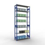Grundregal, Fachbodenregal Stecksystem MULTIplus150, 3000 x 1300 x 400 mm (HxBxT), 7 Fachböden, Kreuzstrebe, RAL 5010 enzianblau/verzinkt