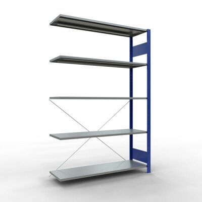 Anbauregal, Fachbodenregal Stecksystem MULTIplus150, 2000 x 1300 x 400 mm (HxBxT), 5 Fachböden, Kreuzstrebe, RAL 5010 enzianblau/verzinkt