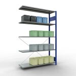 Anbauregal, Fachbodenregal Stecksystem MULTIplus150, 2000 x 1300 x 400 mm (HxBxT), 5 Fachböden, Kreuzstrebe, RAL 5010 enzianblau/verzinkt