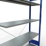 Anbauregal, Fachbodenregal Stecksystem MULTIplus150, 2000 x 1300 x 400 mm (HxBxT), 5 Fachböden, Kreuzstrebe, RAL 5010 enzianblau/verzinkt