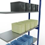 Anbauregal, Fachbodenregal Stecksystem MULTIplus150, 2500 x 1300 x 400 mm (HxBxT), 6 Fachböden, Kreuzstrebe, RAL 5010 enzianblau/verzinkt