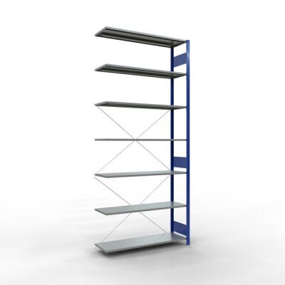 Anbauregal, Fachbodenregal Stecksystem MULTIplus150, 3000 x 1300 x 400 mm (HxBxT), 7 Fachböden, Kreuzstrebe, RAL 5010 enzianblau/verzinkt