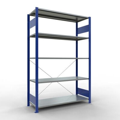 Grundregal, Fachbodenregal Stecksystem MULTIplus150, 2000 x 1300 x 500 mm (HxBxT), 5 Fachböden, Kreuzstrebe, RAL 5010 enzianblau/verzinkt