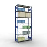 Grundregal, Fachbodenregal Stecksystem MULTIplus150, 3000 x 1300 x 500 mm (HxBxT), 7 Fachböden, Kreuzstrebe, RAL 5010 enzianblau/verzinkt