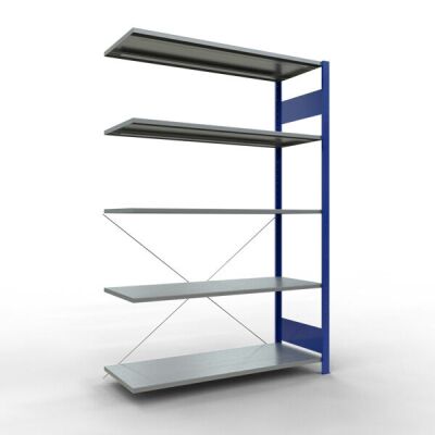 Anbauregal, Fachbodenregal Stecksystem MULTIplus150, 2000 x 1300 x 500 mm (HxBxT), 5 Fachböden, Kreuzstrebe, RAL 5010 enzianblau/verzinkt