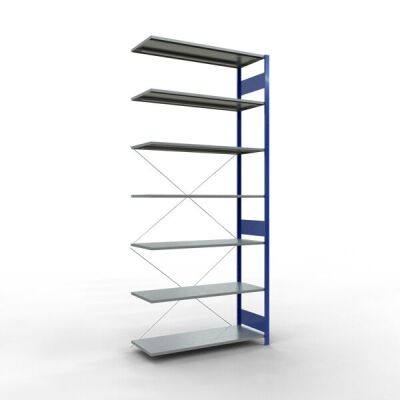 Anbauregal, Fachbodenregal Stecksystem MULTIplus150, 3000 x 1300 x 500 mm (HxBxT), 7 Fachböden, Kreuzstrebe, RAL 5010 enzianblau/verzinkt