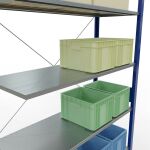 Anbauregal, Fachbodenregal Stecksystem MULTIplus150, 3000 x 1300 x 500 mm (HxBxT), 7 Fachböden, Kreuzstrebe, RAL 5010 enzianblau/verzinkt