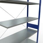 Anbauregal, Fachbodenregal Stecksystem MULTIplus150, 3000 x 1300 x 500 mm (HxBxT), 7 Fachböden, Kreuzstrebe, RAL 5010 enzianblau/verzinkt