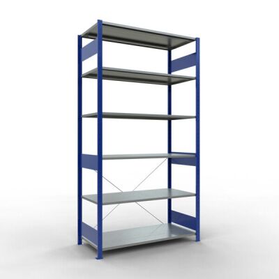 Grundregal, Fachbodenregal Stecksystem MULTIplus150, 2500 x 1300 x 600 mm (HxBxT), 6 Fachböden, Kreuzstrebe, RAL 5010 enzianblau/verzinkt