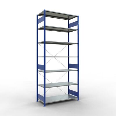 Grundregal, Fachbodenregal Stecksystem MULTIplus150, 3000 x 1300 x 600 mm (HxBxT), 7 Fachböden, Kreuzstrebe, RAL 5010 enzianblau/verzinkt