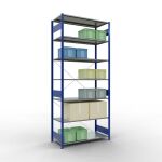 Grundregal, Fachbodenregal Stecksystem MULTIplus150, 3000 x 1300 x 600 mm (HxBxT), 7 Fachböden, Kreuzstrebe, RAL 5010 enzianblau/verzinkt