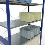 Grundregal, Fachbodenregal Stecksystem MULTIplus150, 3000 x 1300 x 600 mm (HxBxT), 7 Fachböden, Kreuzstrebe, RAL 5010 enzianblau/verzinkt