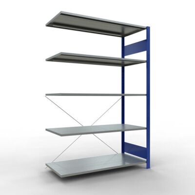 Anbauregal, Fachbodenregal Stecksystem MULTIplus150, 2000 x 1300 x 600 mm (HxBxT), 5 Fachböden, Kreuzstrebe, RAL 5010 enzianblau/verzinkt