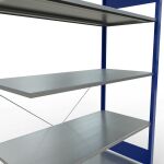 Anbauregal, Fachbodenregal Stecksystem MULTIplus150, 2000 x 1300 x 600 mm (HxBxT), 5 Fachböden, Kreuzstrebe, RAL 5010 enzianblau/verzinkt