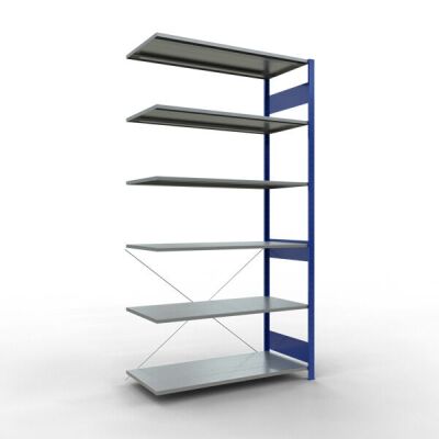 Anbauregal, Fachbodenregal Stecksystem MULTIplus150, 2500 x 1300 x 600 mm (HxBxT), 6 Fachböden, Kreuzstrebe, RAL 5010 enzianblau/verzinkt
