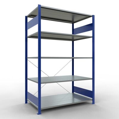 Grundregal, Fachbodenregal Stecksystem MULTIplus150, 2000 x 1300 x 800 mm (HxBxT), 5 Fachböden, Kreuzstrebe, RAL 5010 enzianblau/verzinkt