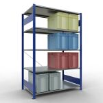 Grundregal, Fachbodenregal Stecksystem MULTIplus150, 2000 x 1300 x 800 mm (HxBxT), 5 Fachböden, Kreuzstrebe, RAL 5010 enzianblau/verzinkt