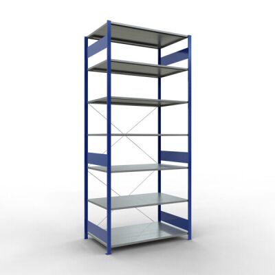 Grundregal, Fachbodenregal Stecksystem MULTIplus150, 3000 x 1300 x 800 mm (HxBxT), 7 Fachböden, Kreuzstrebe, RAL 5010 enzianblau/verzinkt