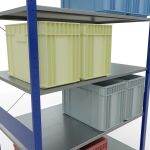 Grundregal, Fachbodenregal Stecksystem MULTIplus150, 3000 x 1300 x 800 mm (HxBxT), 7 Fachböden, Kreuzstrebe, RAL 5010 enzianblau/verzinkt